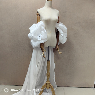 新款婚纱白色拖尾袖子礼服配件一字领披肩拍照主持表演走秀披肩