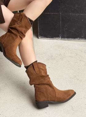 2026秋冬新款堆堆短靴美拉德V口西部牛仔复古皱褶女靴55217-1C