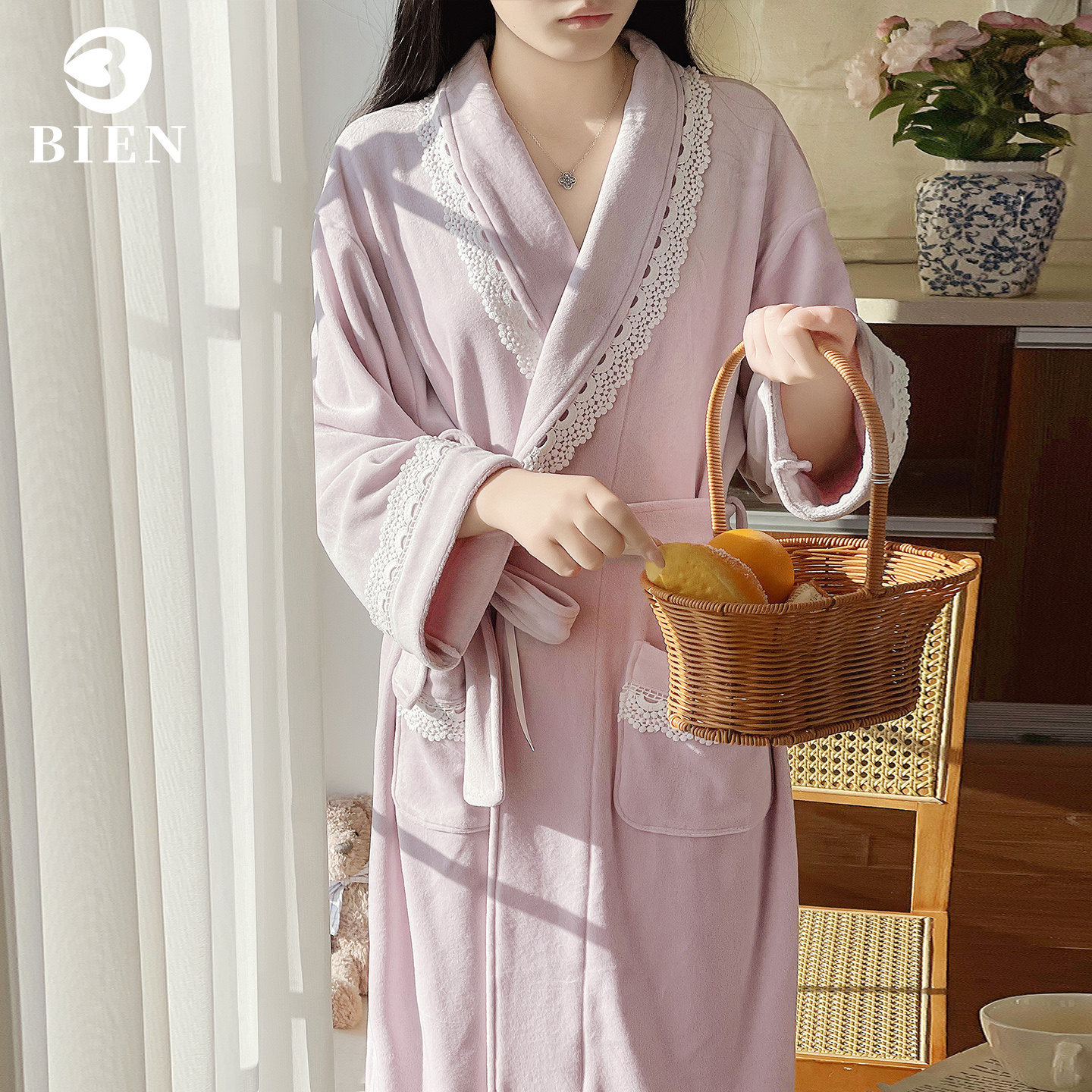 BIEN薄绒睡袍女秋冬季甜美可爱公主风家居服可外穿裤子海岛绒冬天