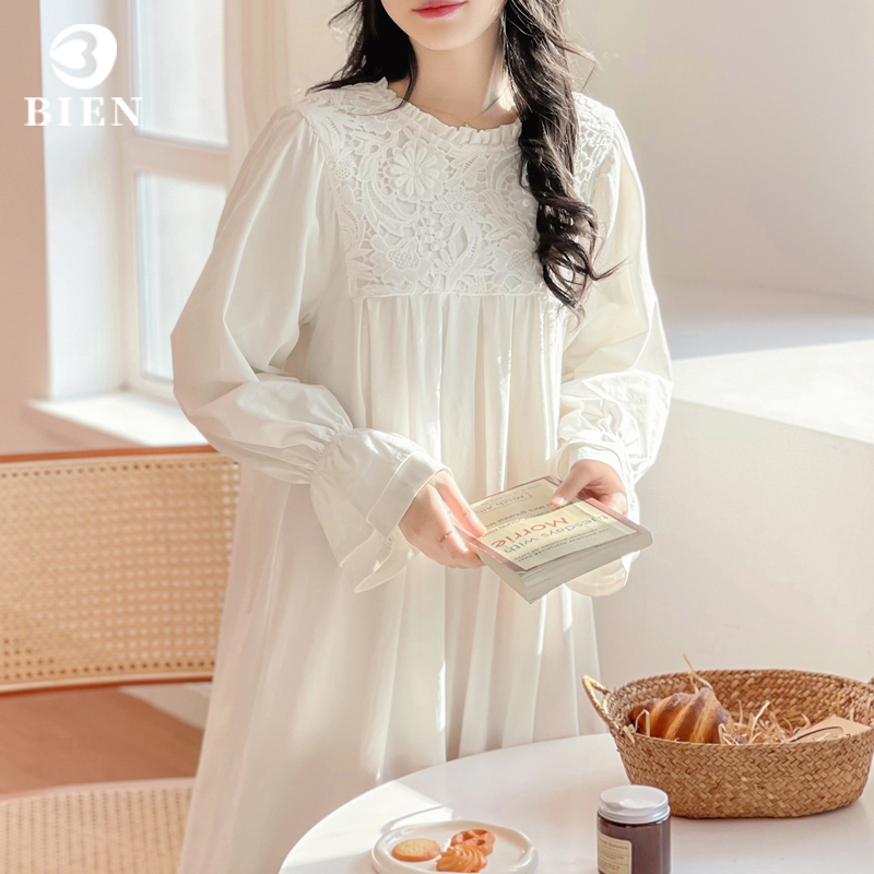 BIEN纯棉睡裙女春秋季甜美可爱公主风家居服可外穿针织棉法式宫廷