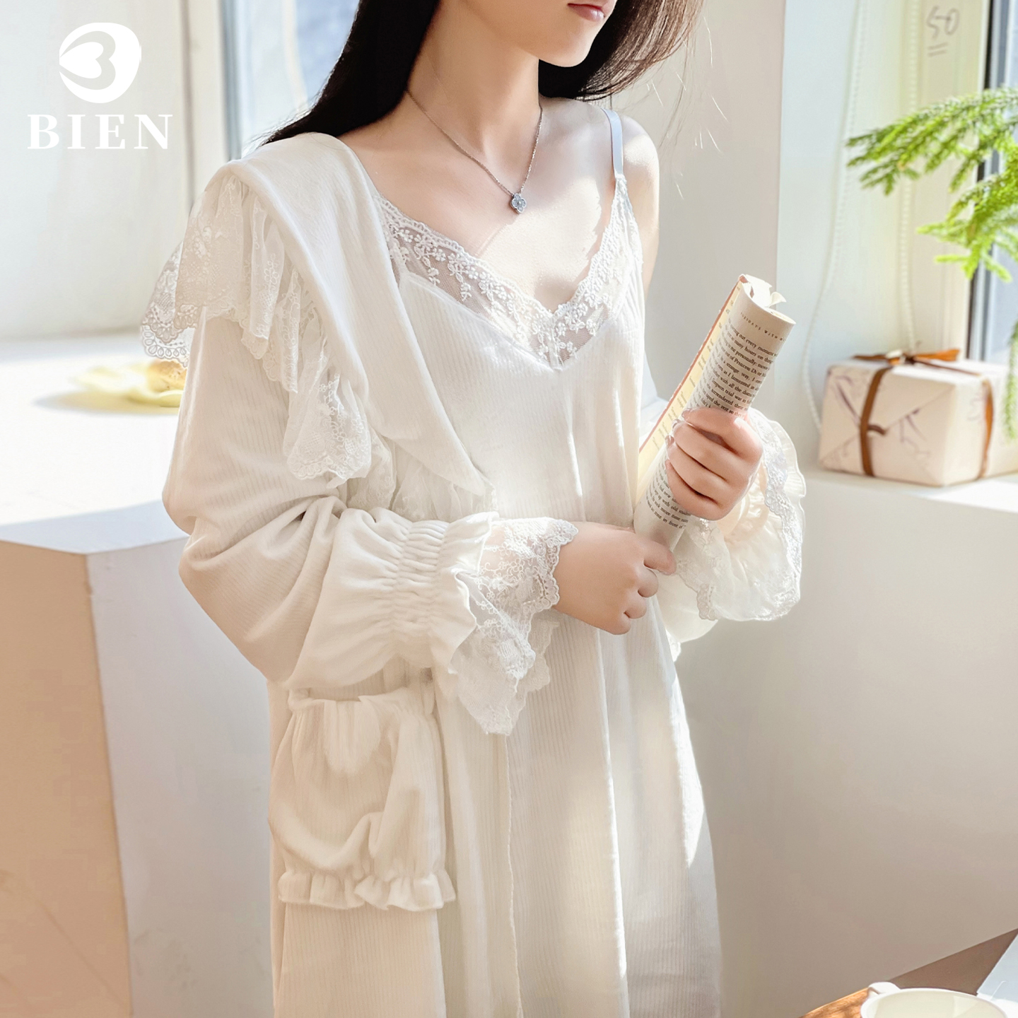 BIEN海岛绒睡袍女秋冬季甜美可爱公主宫廷风家居服可外穿薄绒睡裙