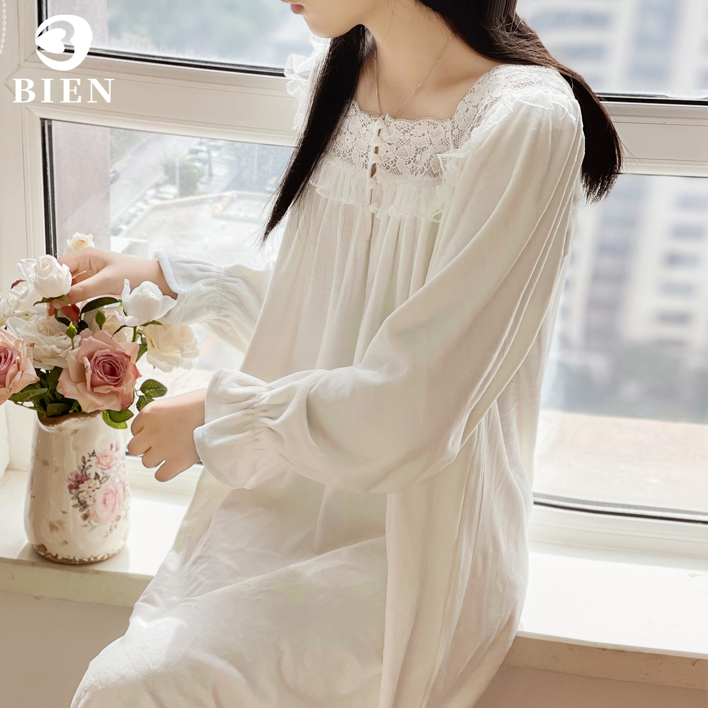 BIEN宫廷风睡裙女秋冬季新款甜美公主家居服可外穿海岛绒薄绒长裙