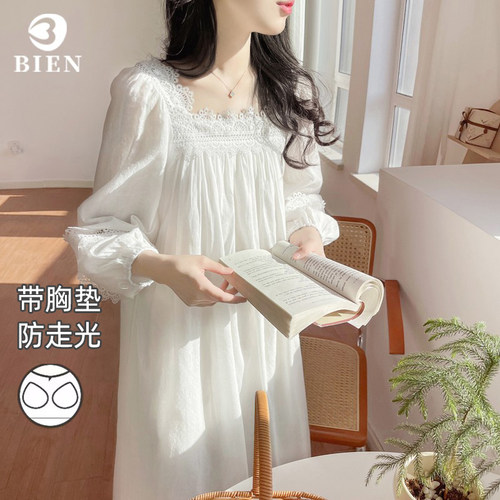 BIEN带胸垫纯棉睡裙女春秋季甜美公主宫廷风家居服法式家居服外穿