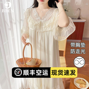 BIEN带胸垫睡裙女春夏宫廷风蕾丝短袖 薄款 夏天公主仙女莫代尔大码