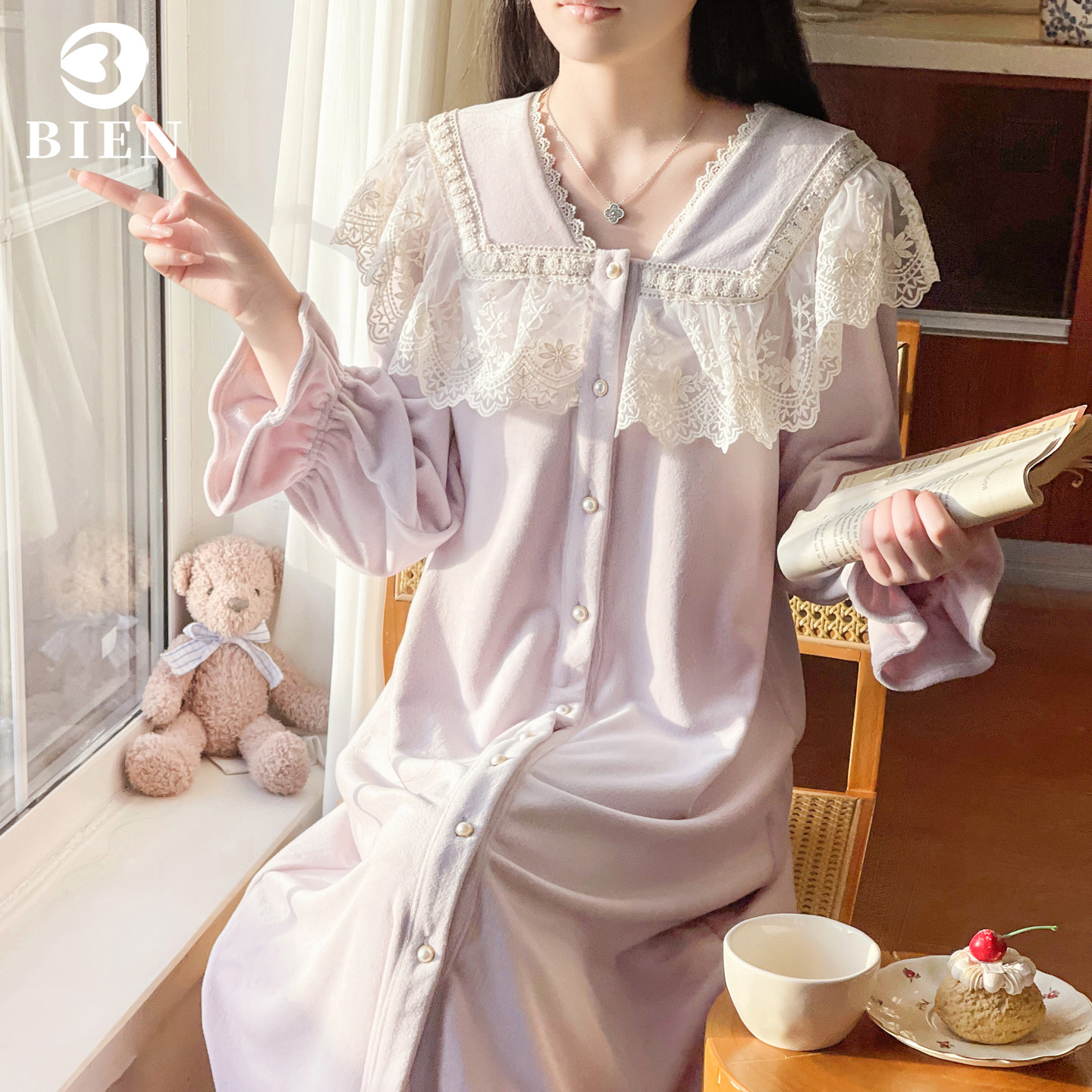 BIEN海岛绒睡袍女生冬季2025新款睡衣甜美可爱公主宫廷家居服薄绒