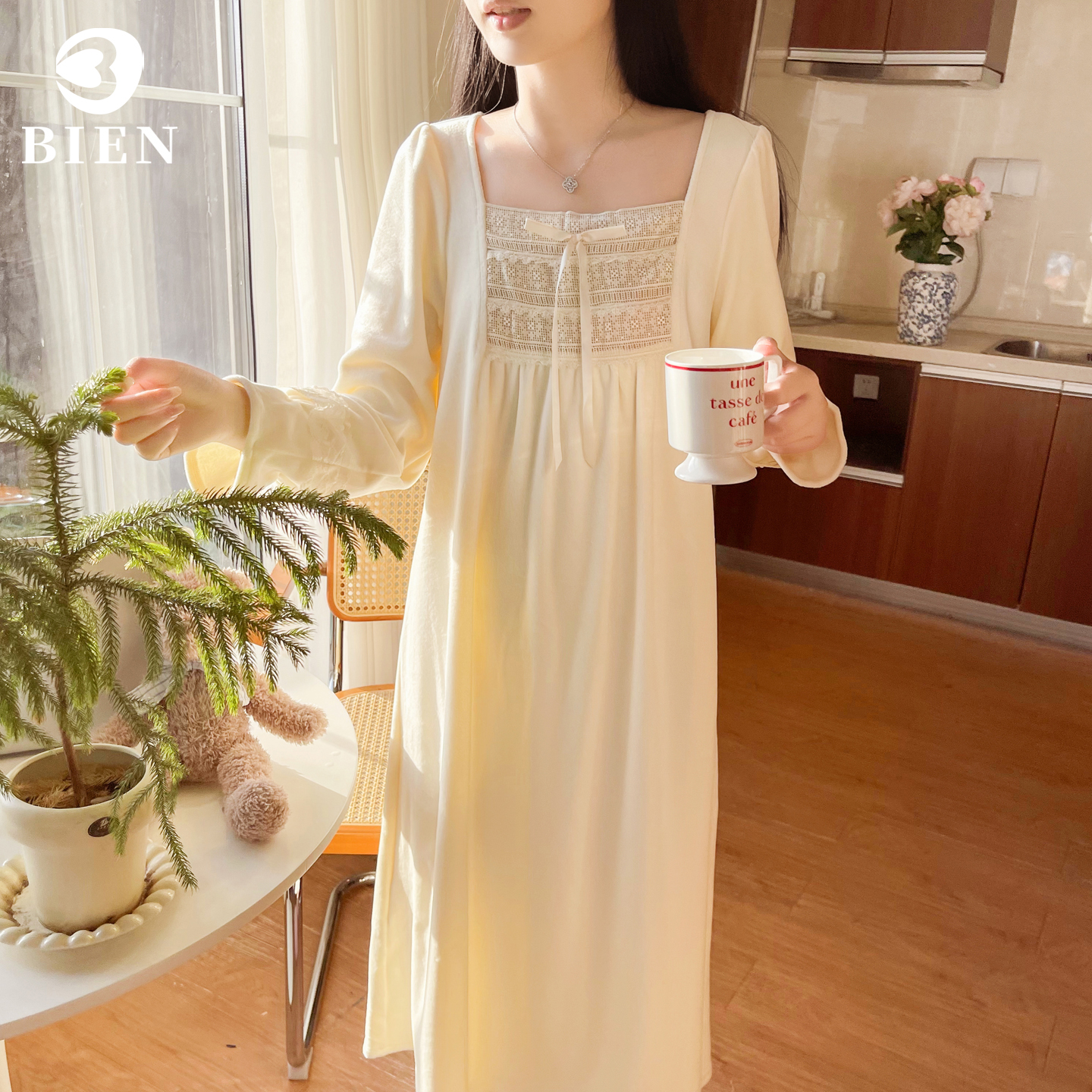 BIEN睡裙女秋冬季甜美可爱公主家居服可外穿高级感方领法式宫廷风