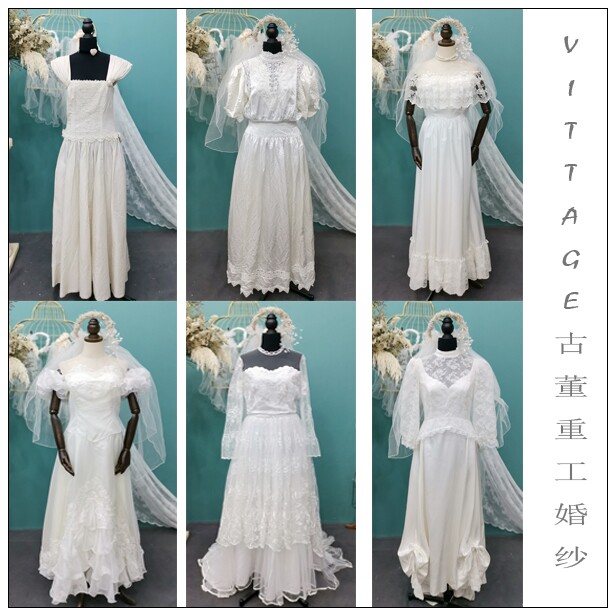 vintage美国英国制古董婚纱宫廷公主孤品日本中古着拖尾礼服裙44