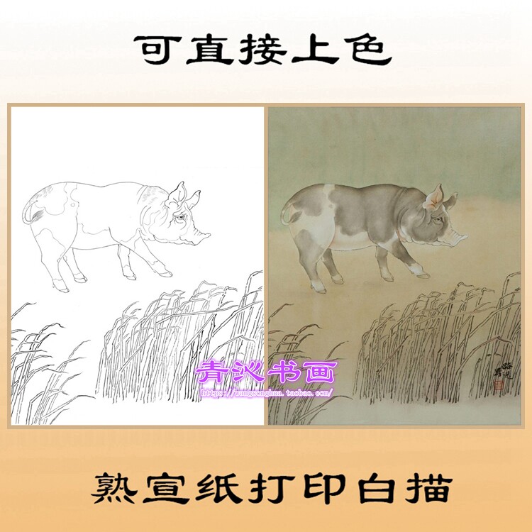 d63十二生肖猪动物熟宣纸工笔画白描底稿线描画稿可直接上色条幅