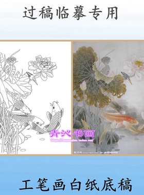 L22鲤鱼荷花工笔画白描底稿实物打印白纸线描国画稿条幅陆雨年