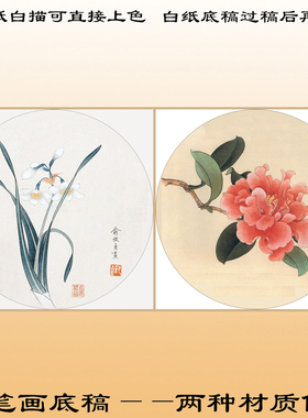 茶花水仙俞致贞扇面工笔画白描