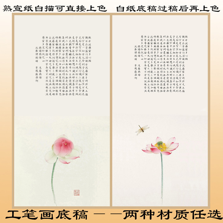 H183荷花熟宣纸工笔画白描底稿直接上色线描般若波罗蜜多心经条幅