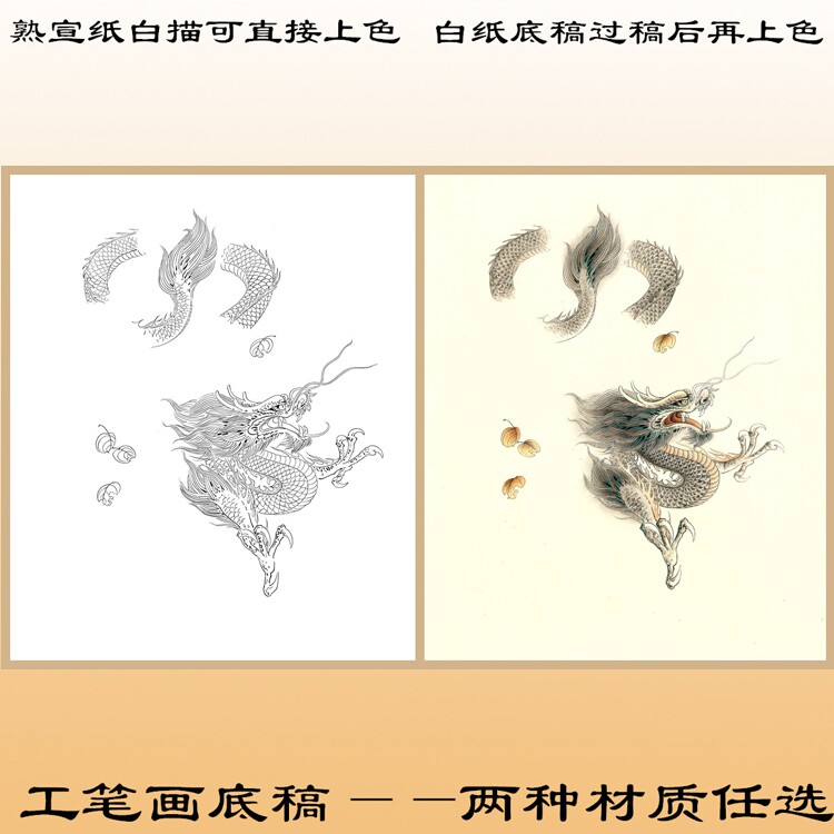 d48龙腾飞动物工笔画熟宣纸白描底稿可直接上色线描过稿用斗方