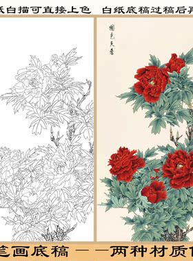 梁燕生萱花工笔画熟宣纸白描底稿