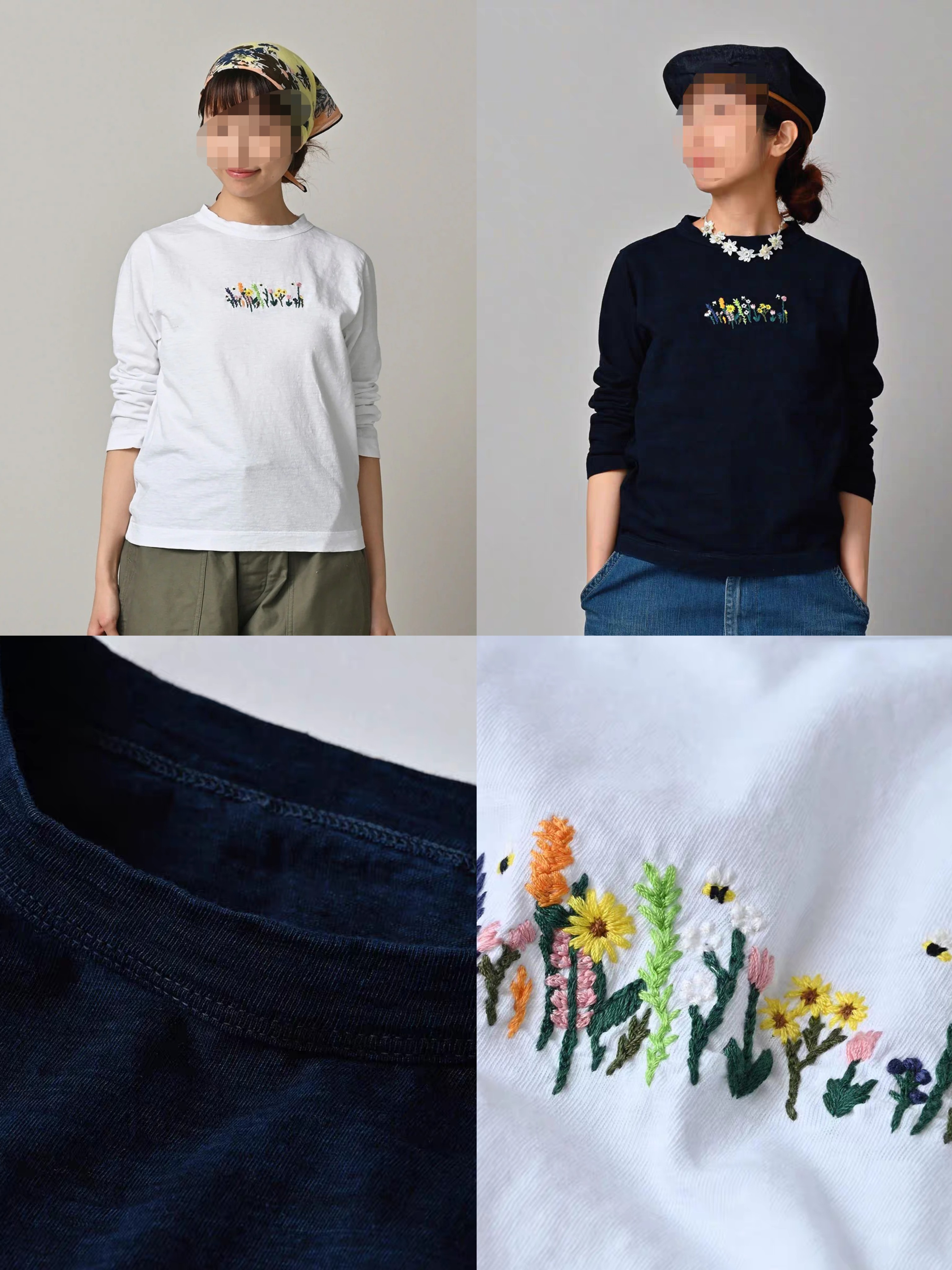 日系2026春款女45r长袖T恤休闲圆领上衣宽松植物花卉刺绣竹节棉