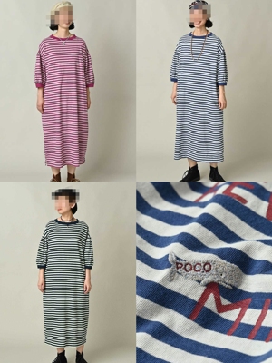 日系45R条纹刺绣七分袖连衣裙