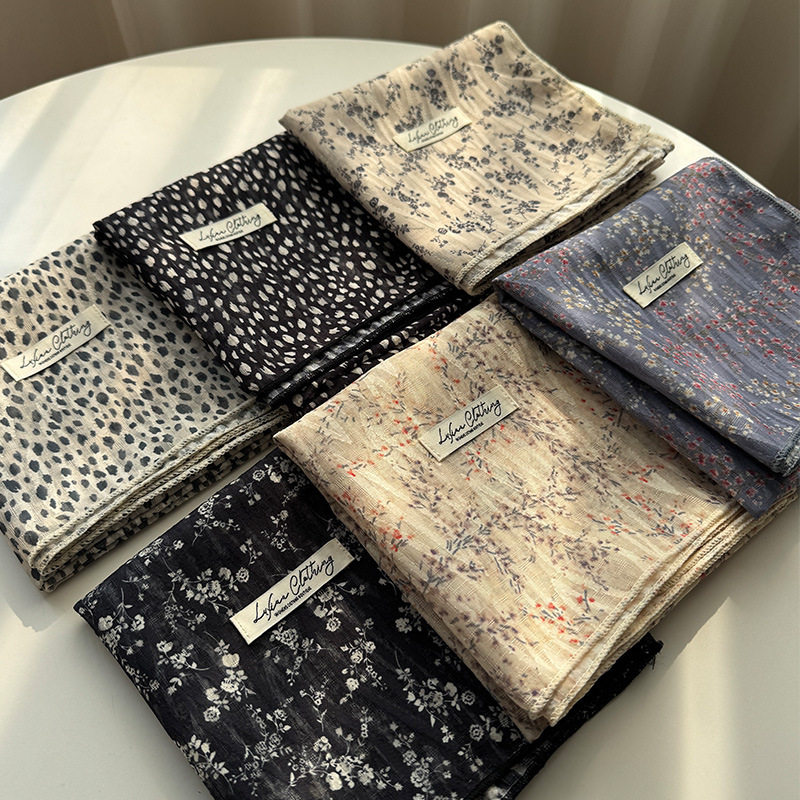 棉麻围巾春秋素色双面花纹亲肤方巾护颈复古文艺领巾丝巾头巾发带