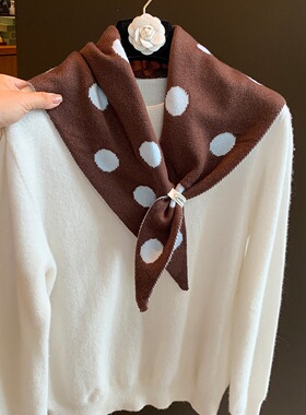 波点三角巾双层针织撞色围巾领巾