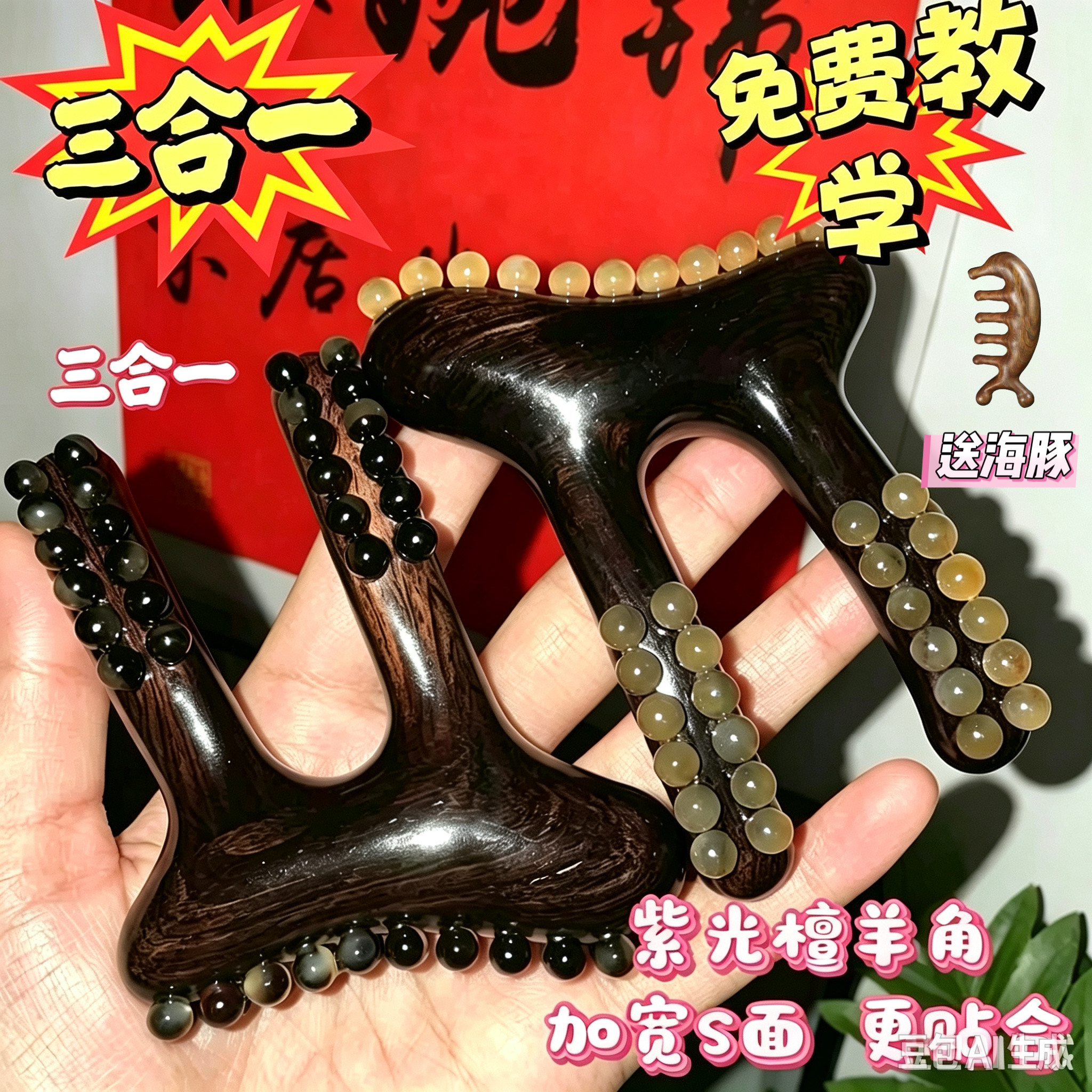 【兔八哥】紫光檀羊角耳刮美鼻拨筋棒按摩面部全脸眼部按摩弧度绝
