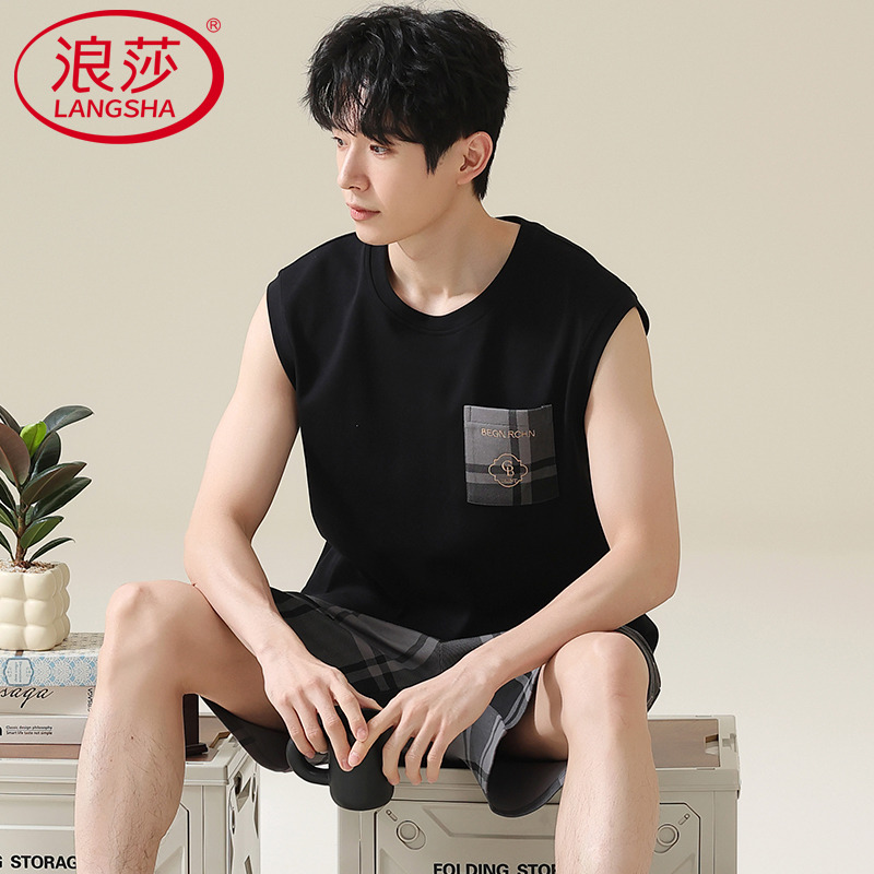 夏季男士睡衣背心无袖纯棉家居服
