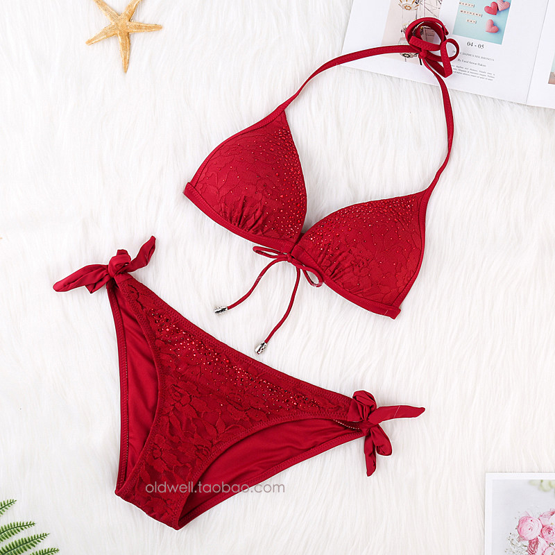聚拢挂脖小胸三点式比基尼蕾丝红色性感沙滩泳衣温泉系带分体泳装