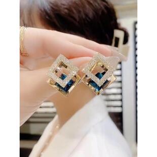 9999纯银精致耳环蓝色几何菱形耳钉女高级感网红百搭耳饰925银针