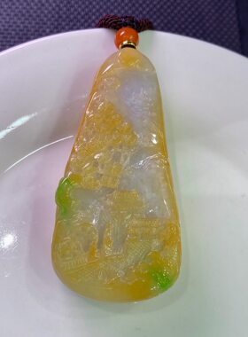 翡翠批发天然A货山水牌吊坠黄加绿山水牌吊坠玉石男女款黄翡山水
