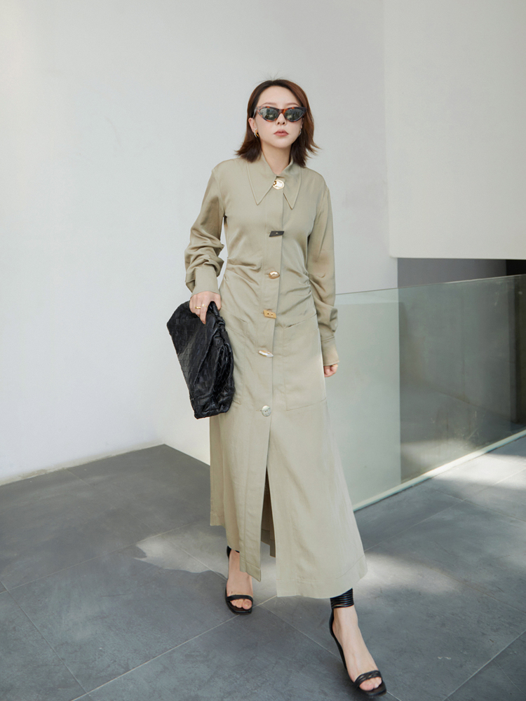 Boss Z Acetate linen multi-button pointed collar dress wrinkled waist long X-shaped shirt dress female