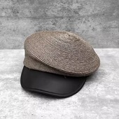 清仓拉菲草拼皮檐复古遮阳帽女显脸小出游斜顶草帽时尚 洋气马术帽