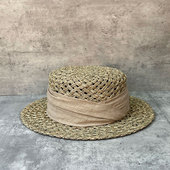 出游遮阳帽法式 25新款 天然咸草编织镂空平顶草帽女夏季 优雅礼帽潮