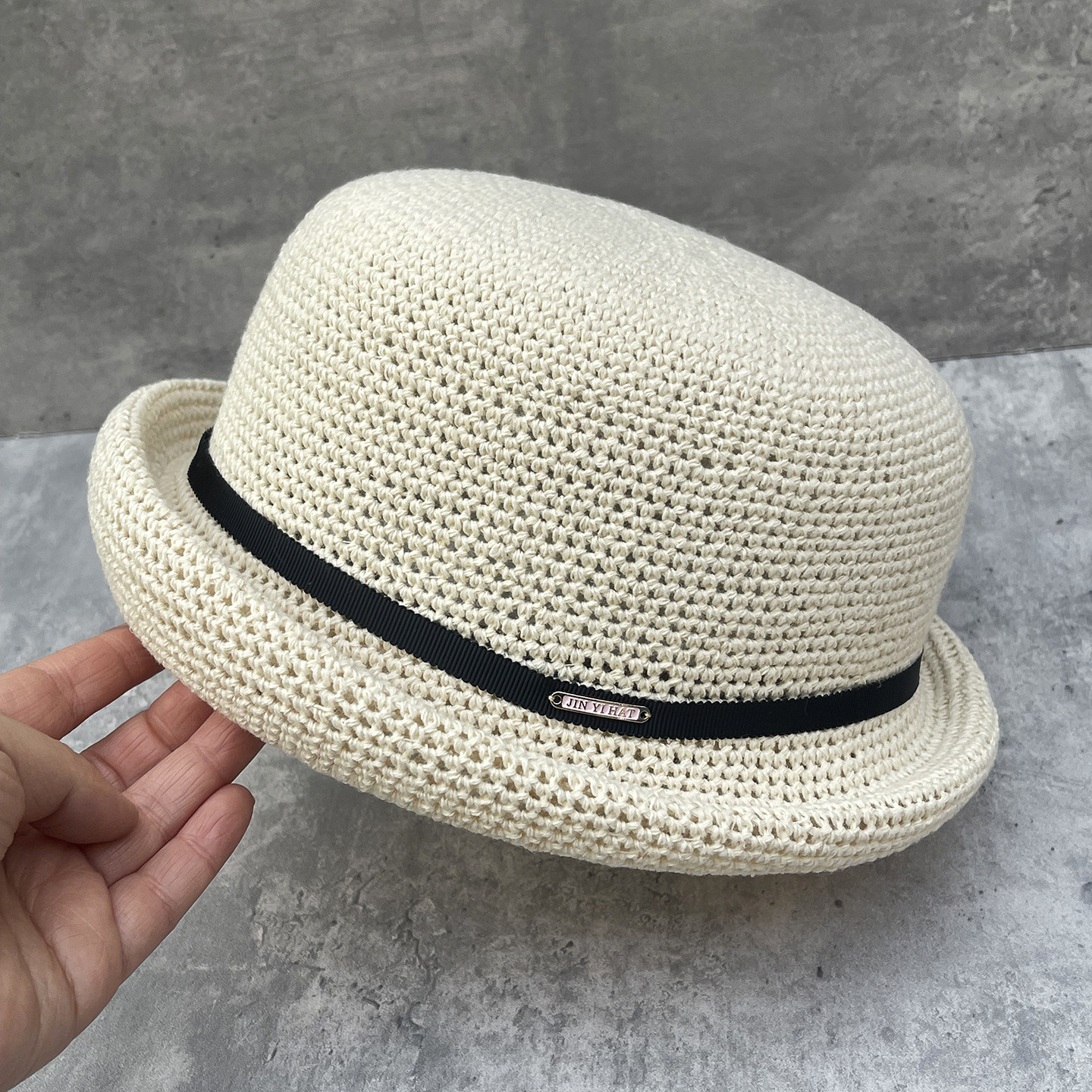 26新款亚麻手钩平顶小盆帽女夏季时尚针织复古礼帽透气显脸小盆帽