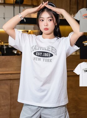 MLB春夏男女同款短袖NY字母印花半袖撞色圆领运动T恤3ATSV0843