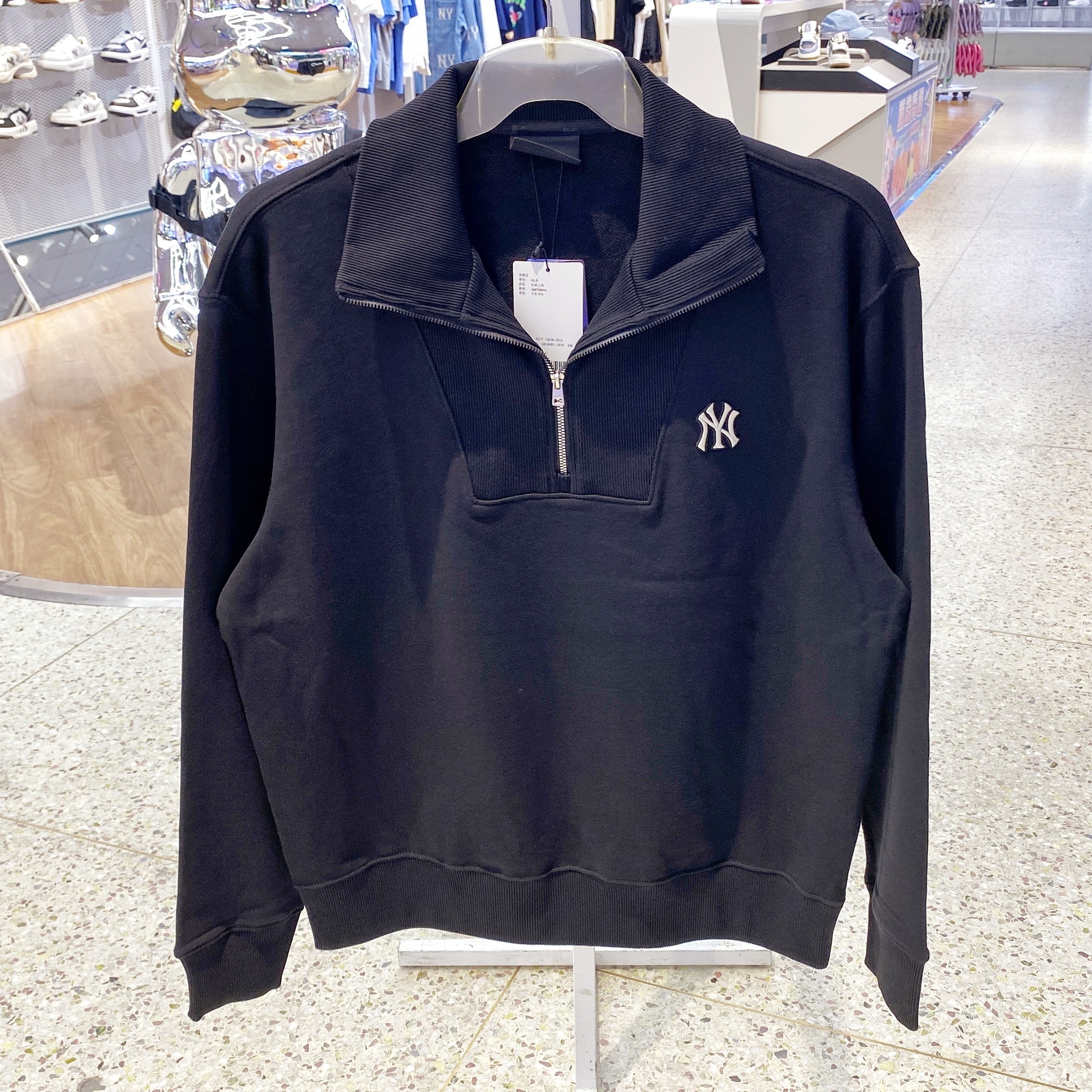 MLB卫衣男女秋冬NY情侣学院风翻领半拉链套头运动上衣3AMTB0944