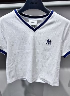 26春夏新款MLB短袖女子刺绣暗花V领短款高腰透气运动T恤3FTSM5363