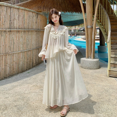 现货 法式复古钩花慵懒灯笼袖雪纺套裙6269#P170-K278
