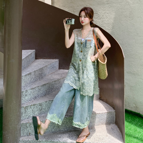 现货蕾丝拼接牛仔上衣+九分牛仔裤两件套2D078-T2055-P165K238