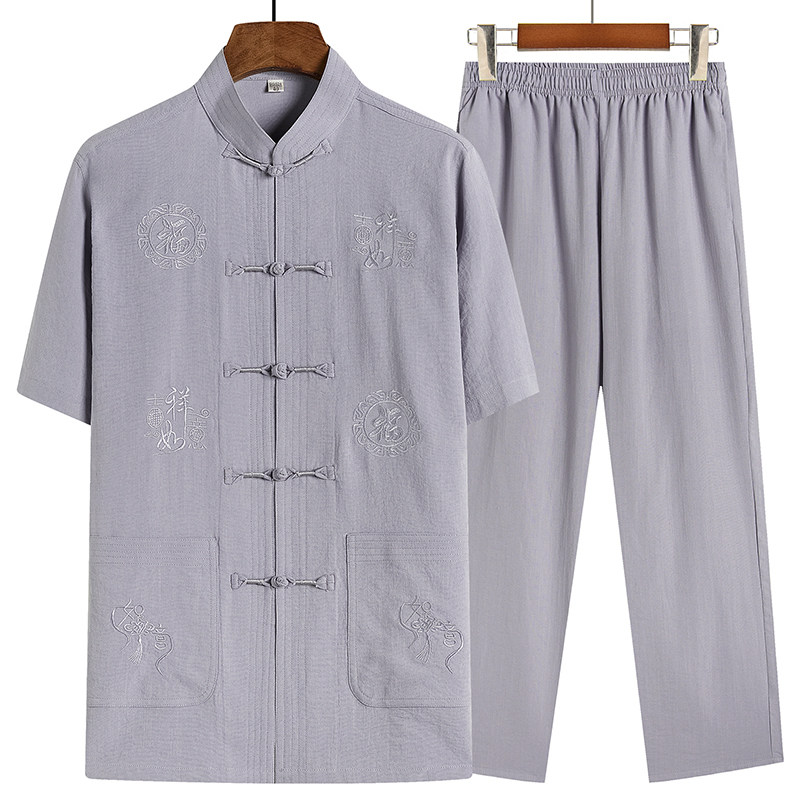 中国风新款唐装男士短袖套装夏季汉服中老年人棉麻休闲加大码衬衫