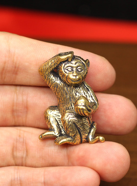 迷你实心纯铜黄铜12生肖猴子摘桃