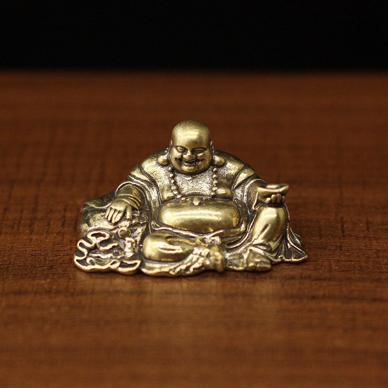 迷你黄铜实心弥勒佛桌面小装饰摆件福袋元宝佛仿古铜器工艺品礼品