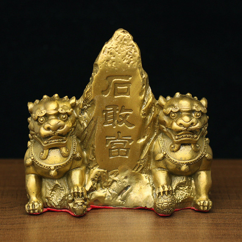 纯黄铜泰山石敢当家用风水摆件铜双狮子房屋缺角镇宅工艺品保平安