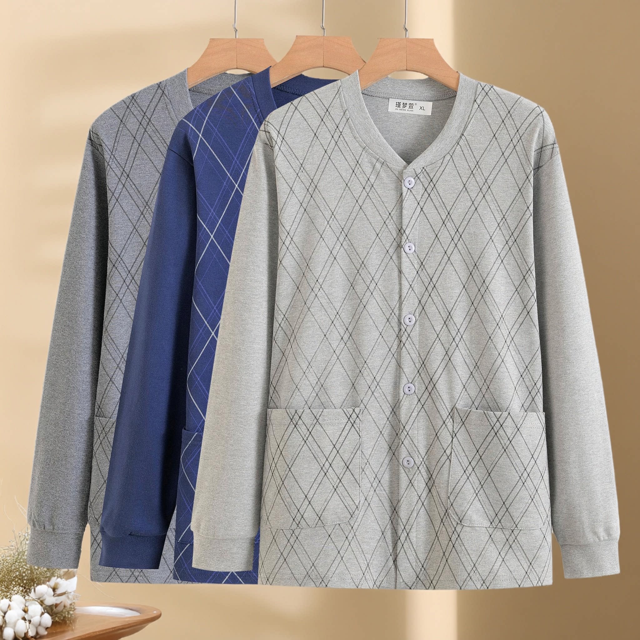 中老年男士纯棉开衫秋衣男加肥加大码爸爸秋冬季厚款开衫保暖上衣