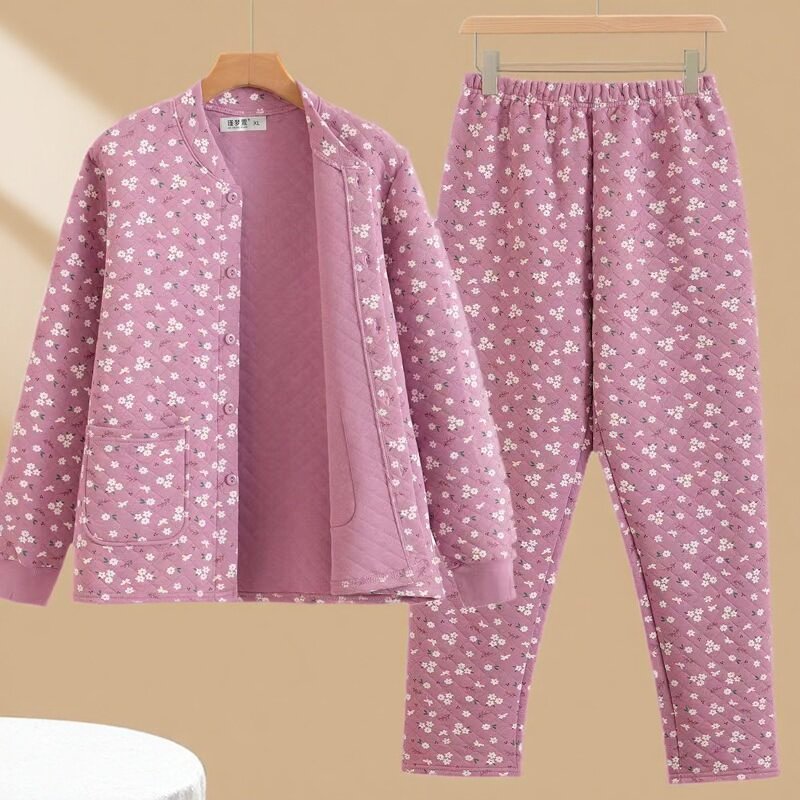 女三层纯棉保暖套装妈妈三层保暖中厚家居服睡衣睡裤中老年保暖衣