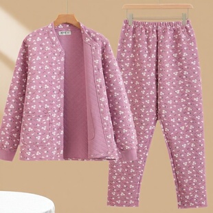 女三层纯棉保暖套装妈妈三层保暖中厚家居服睡衣睡裤中老年保暖衣
