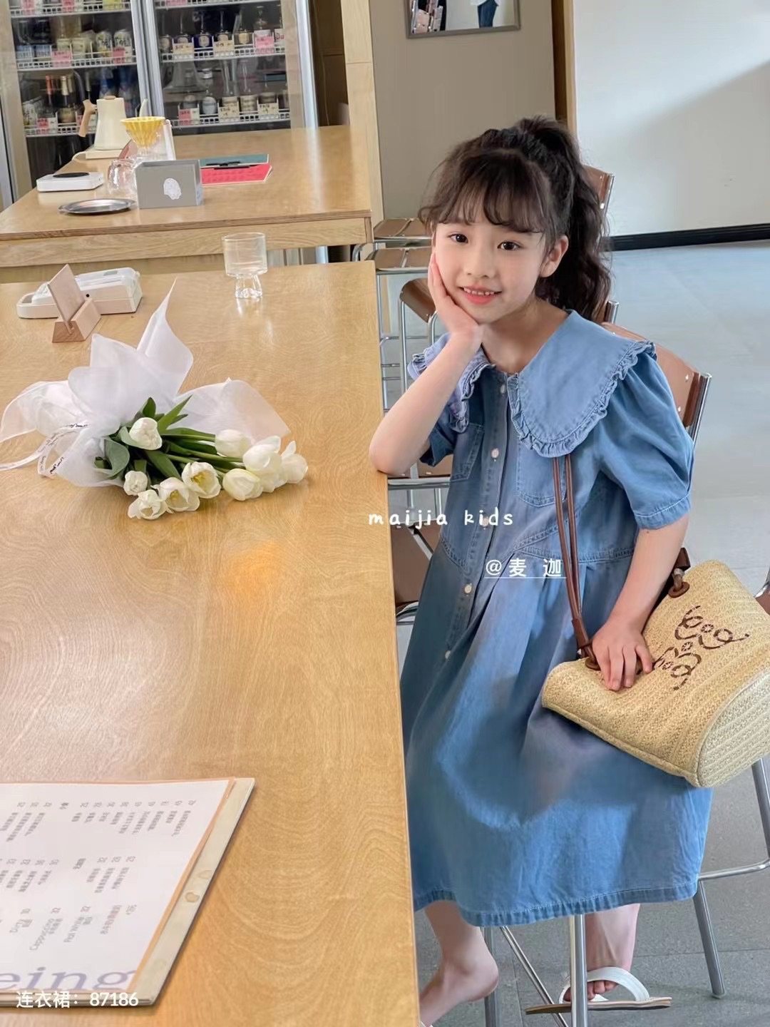 麦迦韩国品牌童装2023夏连衣裙女童中大童短袖牛仔裙大翻领荷叶边