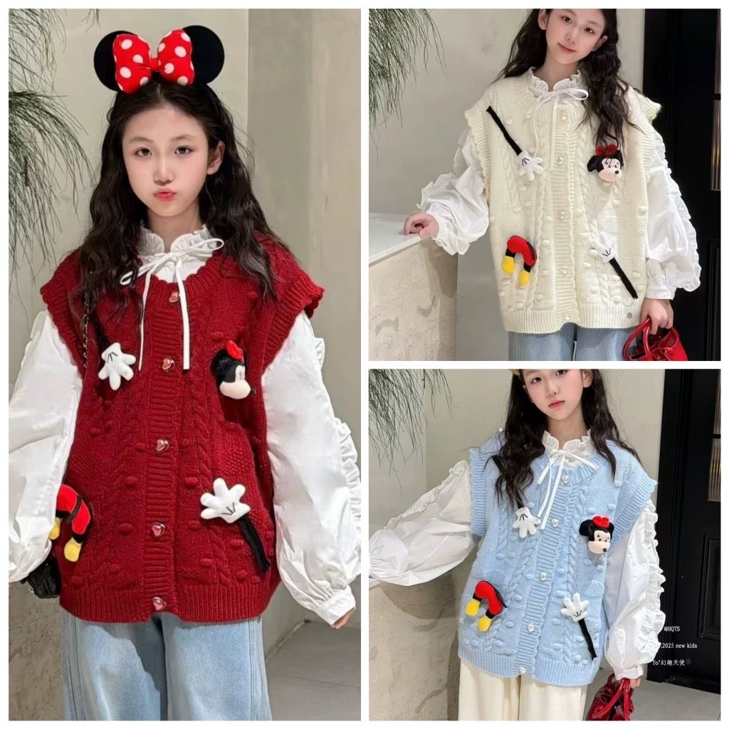 幻趣天使2026春女童中大童韩版时尚针织马甲背心衬衣两件套65566