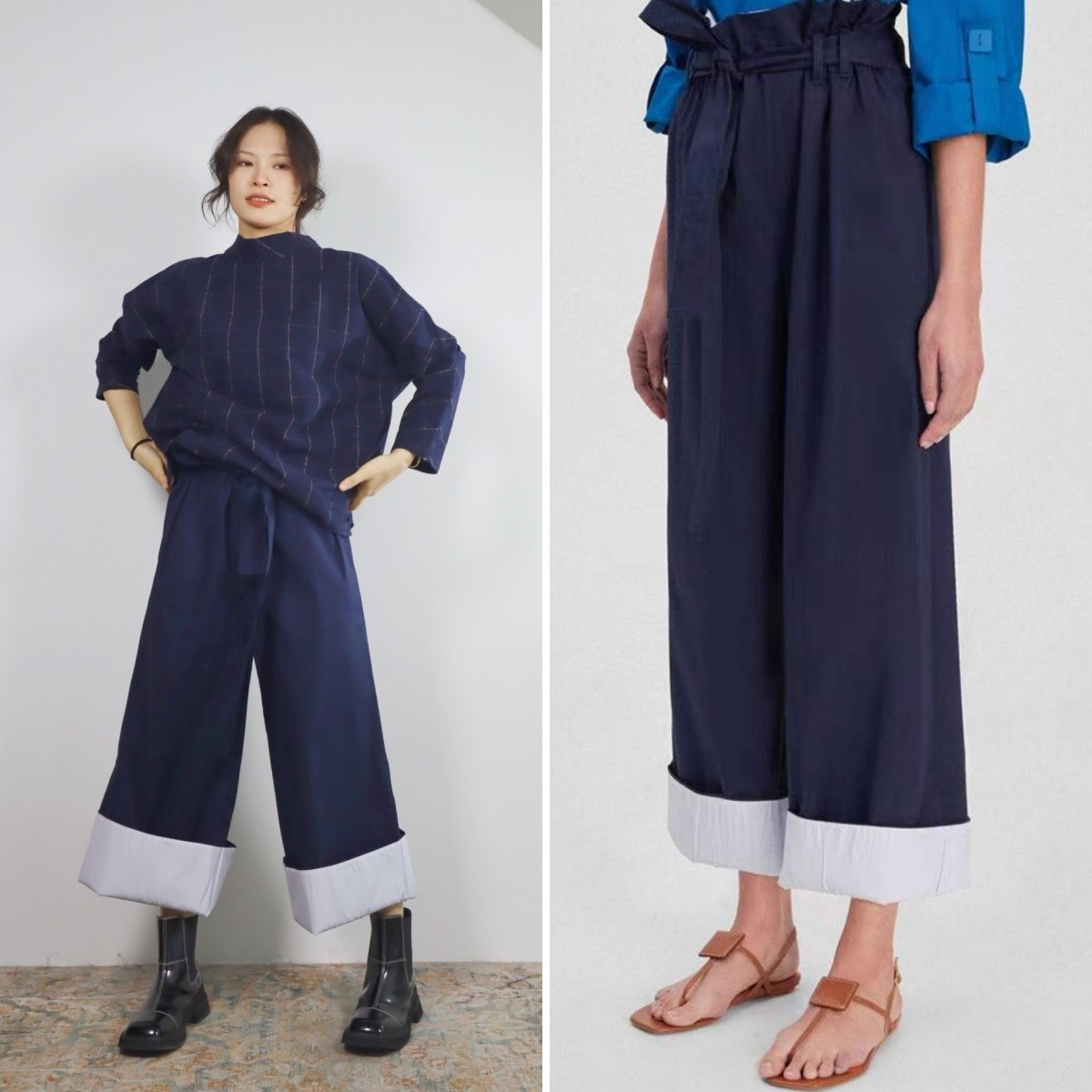 高腰英伦风9分系带阔腿裤