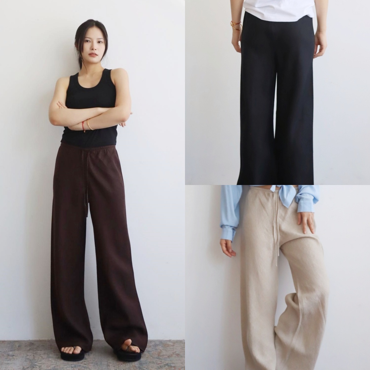 澳洲全亚麻直筒阔腿抽绳长裤