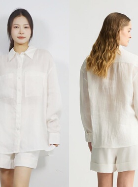 意大利69 静奢慵懒 白色百分百苎麻松弛宽松大口袋衬衫短裤套装