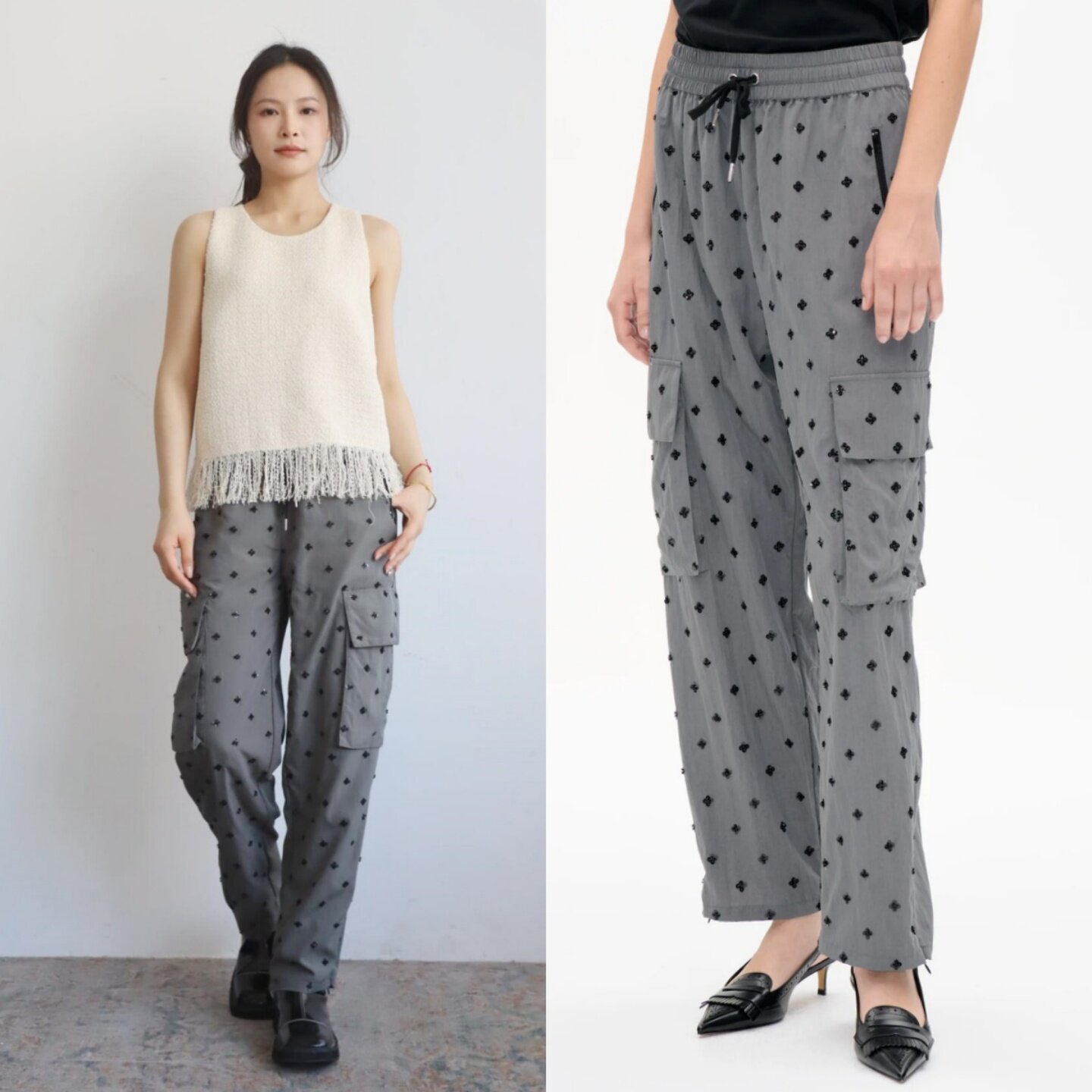 丹麦BUM 璀璨银河 钉珠高腰设计感锥形大口袋工装松紧腰灰色长裤