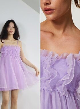 意大利ts 法式设计感吊带连衣裙夏季无袖短款公主裙高腰紫色纱裙