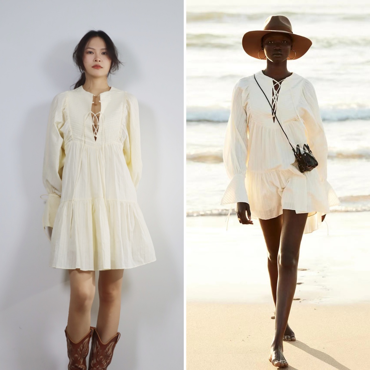 甜美A字裙棉纯色系带连衣裙